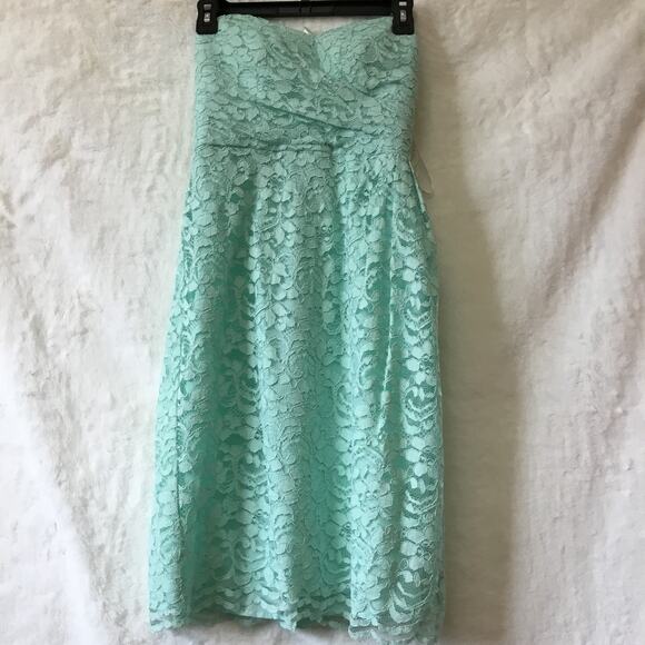 David’s Bridal Teal Short Strapless Lace Dress - Picture 3 of 16